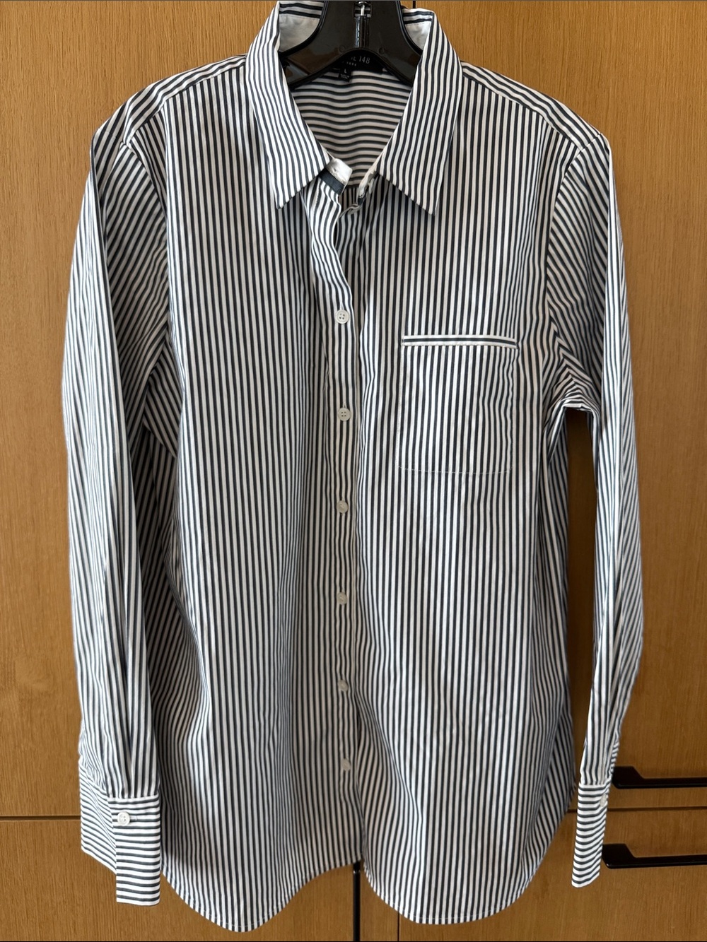 Lafayette 148 New York Button Down Blouse Retro Blue/ White Beaded detail Large